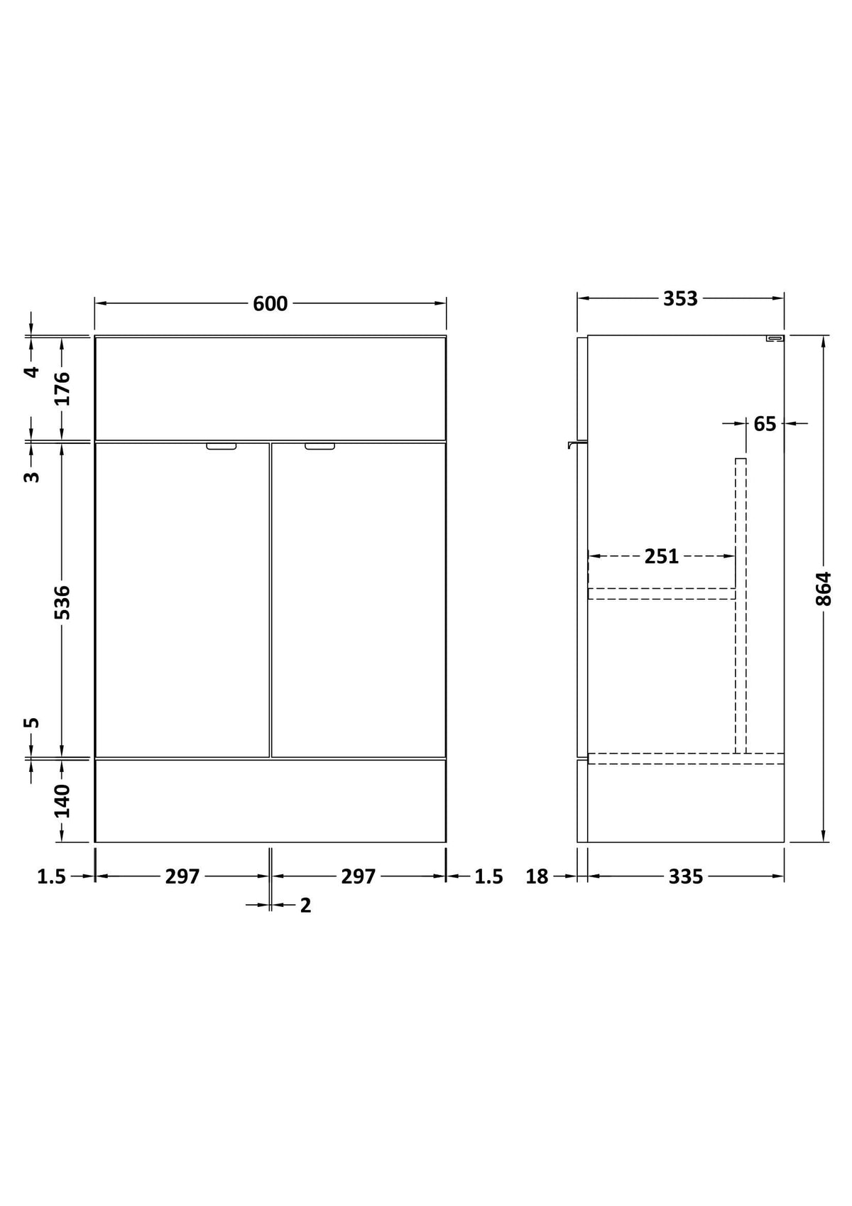 Hudson Reed Fusion Fitted Floor Standing Vanity Unit, 2 Soft Close Door Compact Bathroom Unit in Charcoal Black, 600mm (355Mm Deep)
