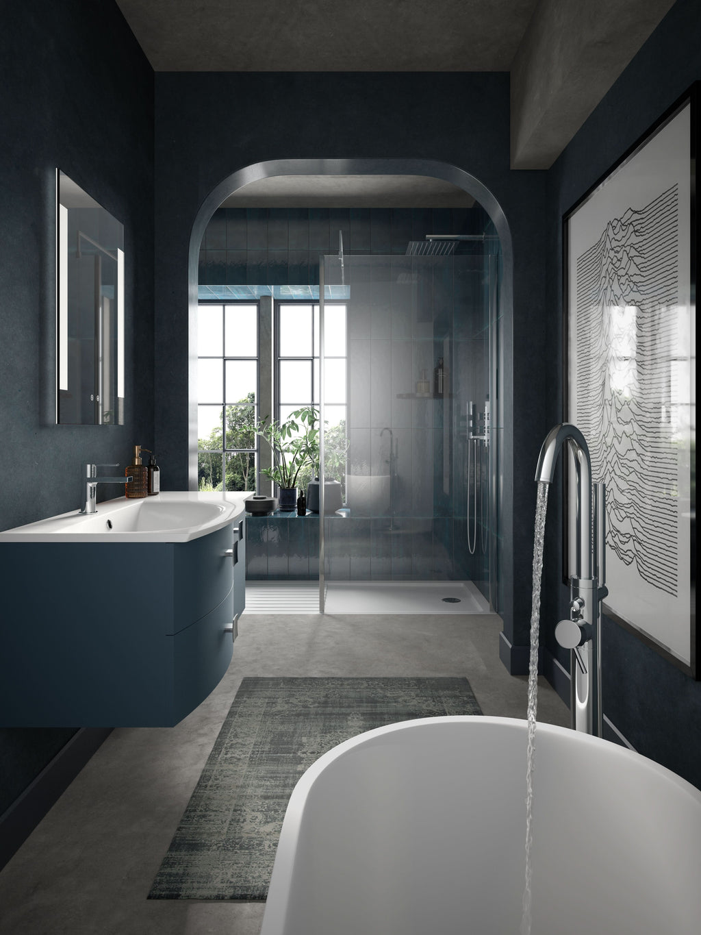 Hudson Reed Sarenna Wall Hung Vanity Unit with Basin, Left Hand 2 Drawer 1 Door Bathroom Sink Cabinet in Mineral Blue, 1000mm