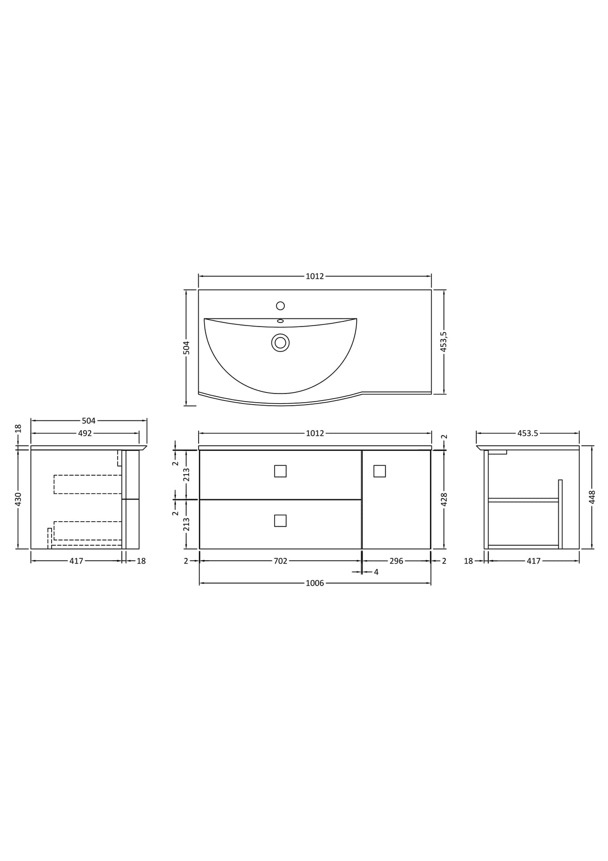 Hudson Reed Sarenna Wall Hung Vanity Unit with Basin, Left Hand 2 Drawer 1 Door Bathroom Sink Cabinet in Mineral Blue, 1000mm