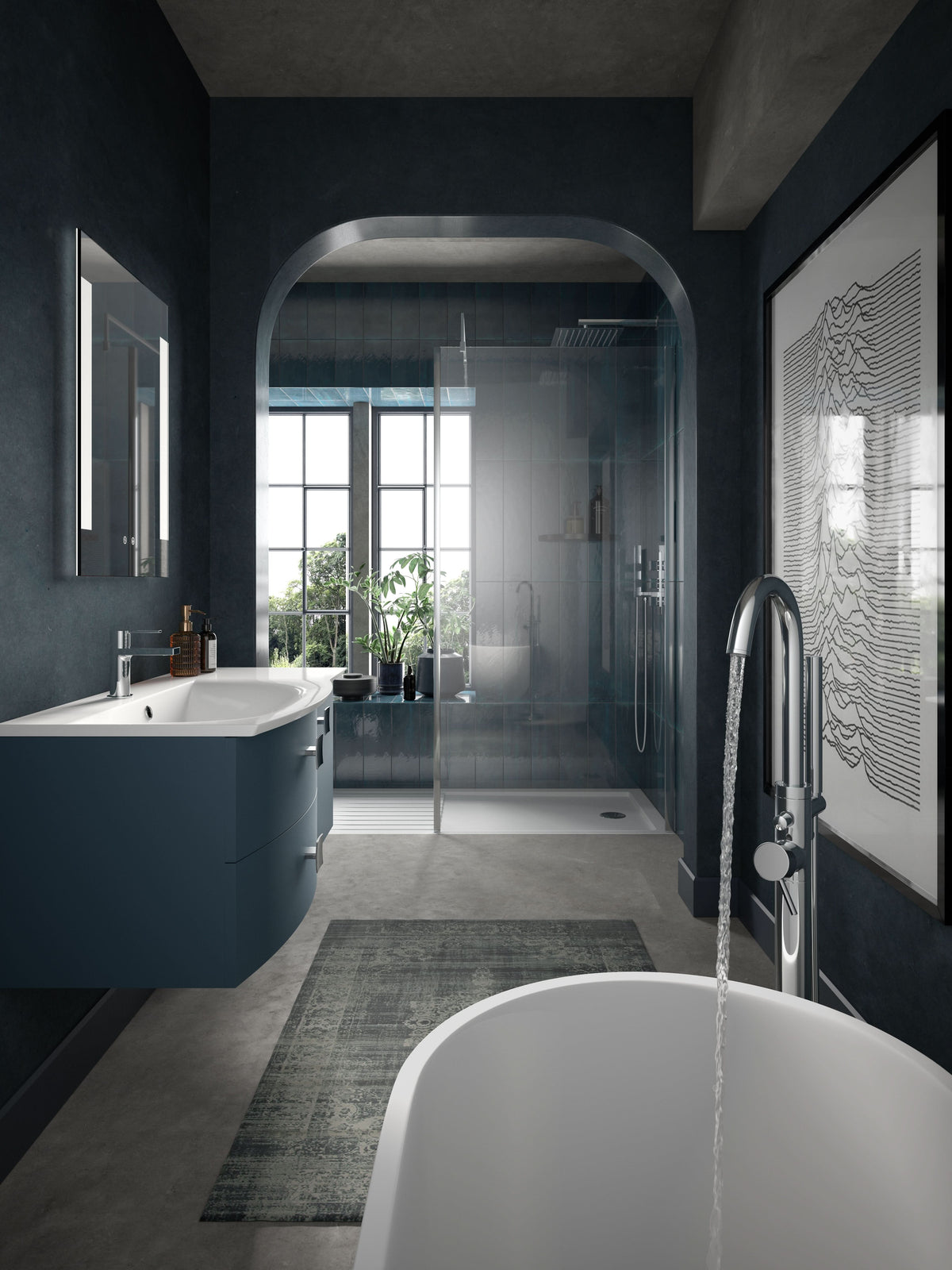 Hudson Reed Sarenna Wall Hung Vanity Unit with Basin, Right Hand 2 Drawer 1 Door Bathroom Sink Cabinet in Mineral Blue, 1000mm