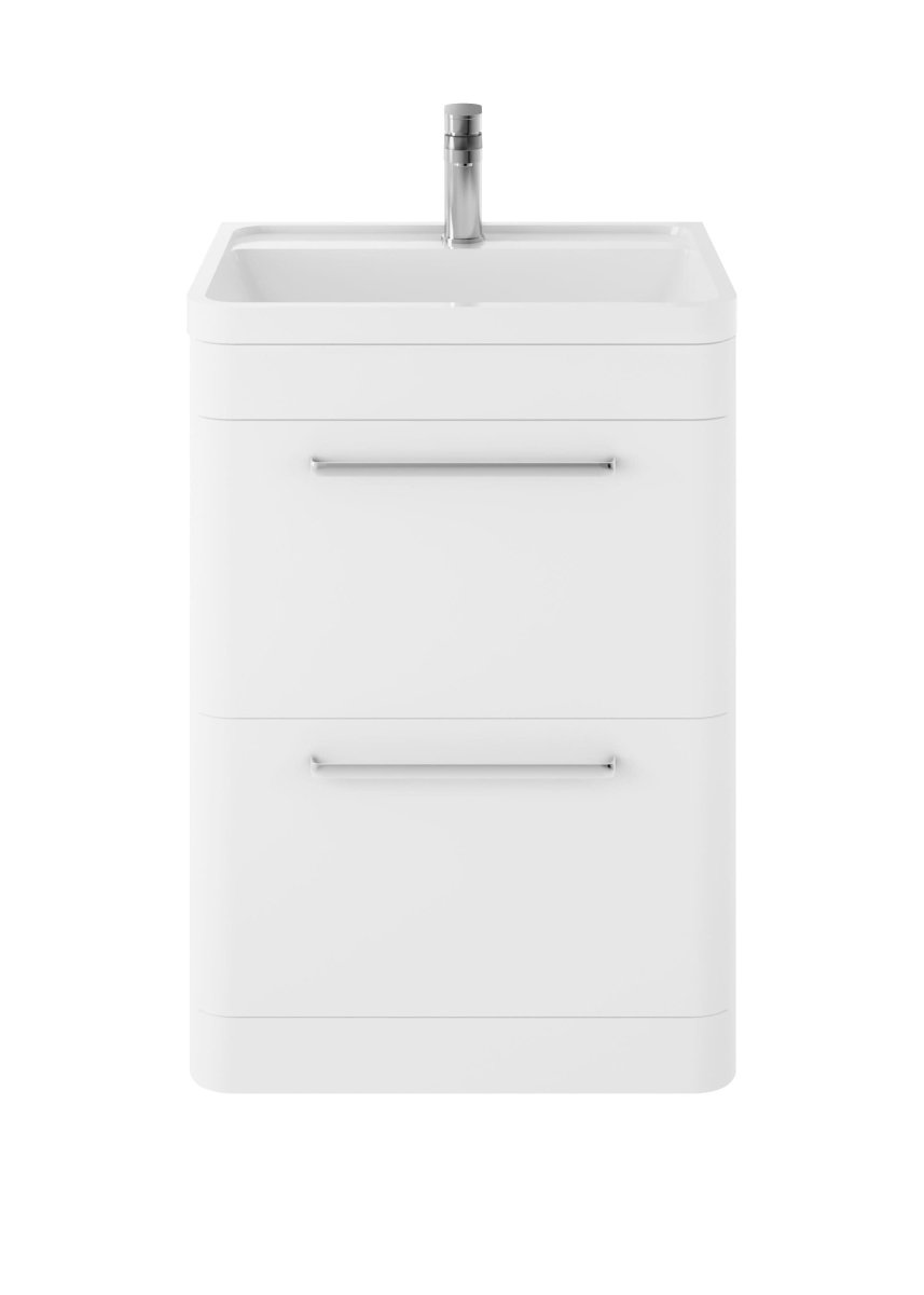 Hudson Reed Solar Floor Standing 2 Door Vanity Unit with Polymarble Basin, Durable Modern Vanity Unit in Pure White, 600mm