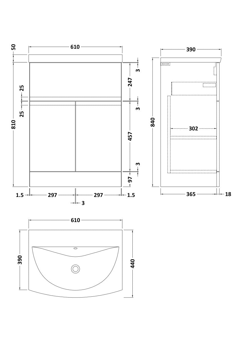 Hudson Reed Urban Floor Standing 2 Door 1 Drawer Vanity Unit with Curved Basin, Durable Modern Vanity Unit in Satin White, 600mm