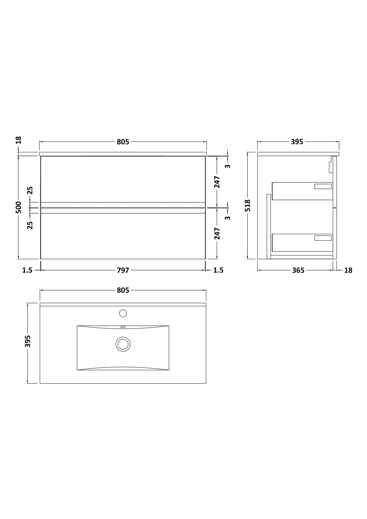 Hudson Reed Urban Wall Hung 2 Drawer Vanity Unit with Minimalist Ceramic Basin, Modern Bathroom Furniture in Satin White, 800mm