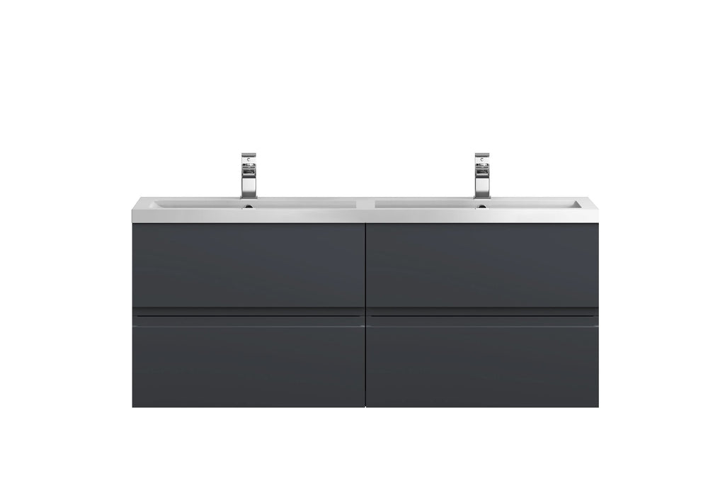 Hudson Reed Urban Wall Hung 4 Drawer Vanity Unit with Double Polymarble Basin, Modern Bathroom Furniture in Soft Black, 1200mm