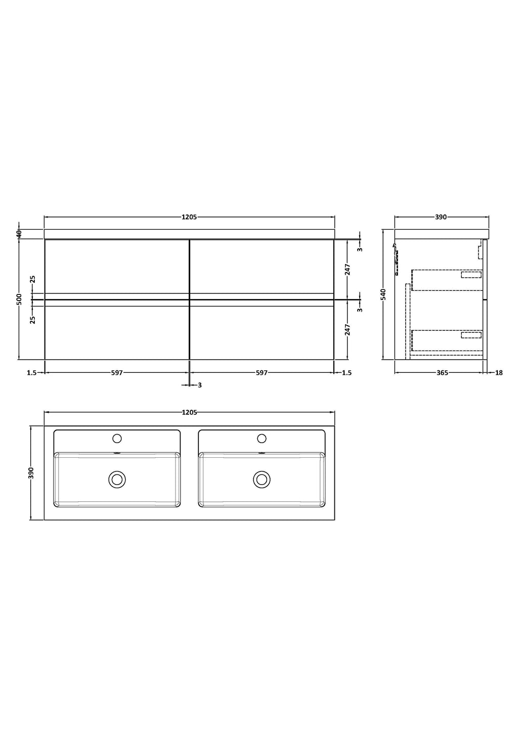 Hudson Reed Urban Wall Hung 4 Drawer Vanity Unit with Double Polymarble Basin, Modern Bathroom Furniture in Soft Black, 1200mm