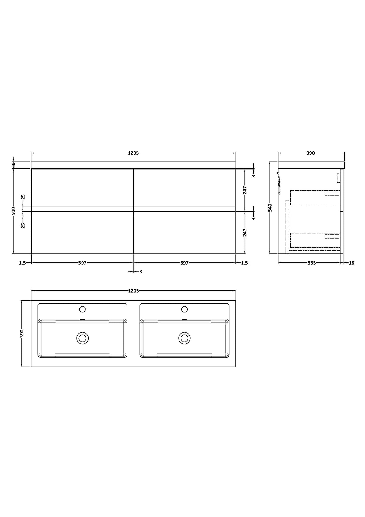 Hudson Reed Urban Wall Hung 4 Drawer Vanity Unit with Double Polymarble Basin, Modern Bathroom Furniture in Soft Black, 1200mm