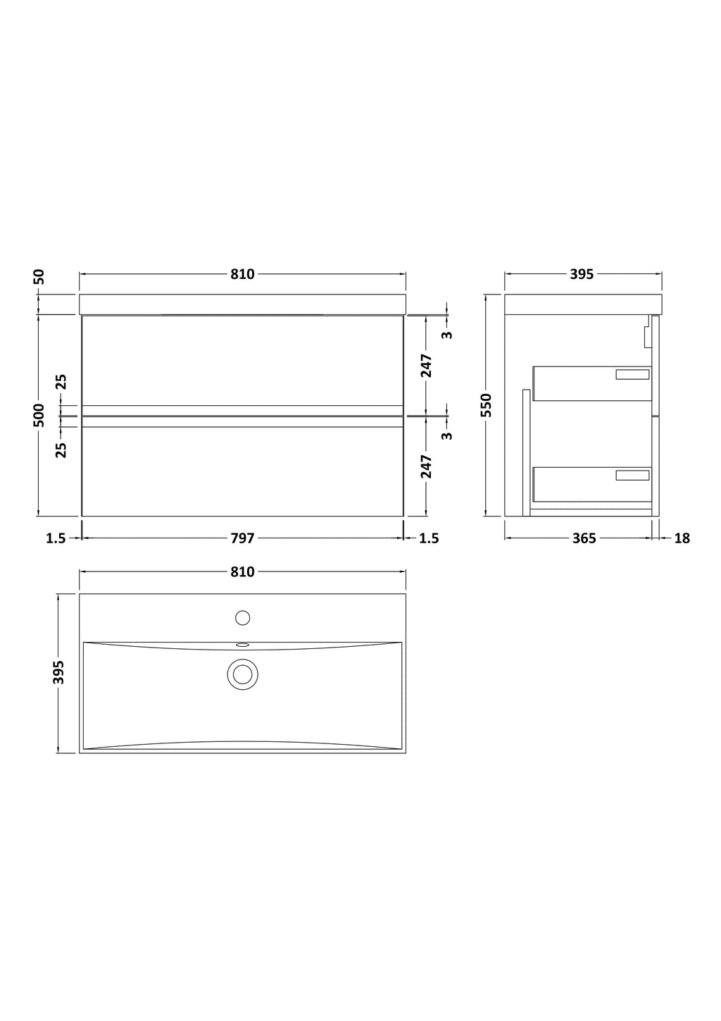 Hudson Reed Urban Wall Hung 2 Drawer Vanity Unit with Thin-Edge Ceramic Basin, Modern Bathroom Furniture in Soft Black, 800mm