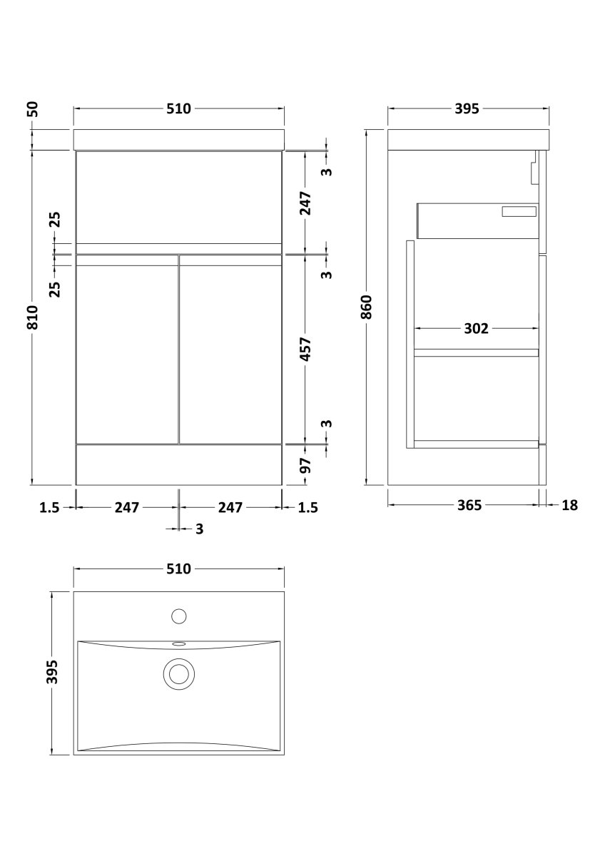 Hudson Reed Urban Floor Standing 2 Door 1 Drawer Vanity Unit with Thin-Edge Basin, Modern Vanity Unit in Satin Grey, 500mm