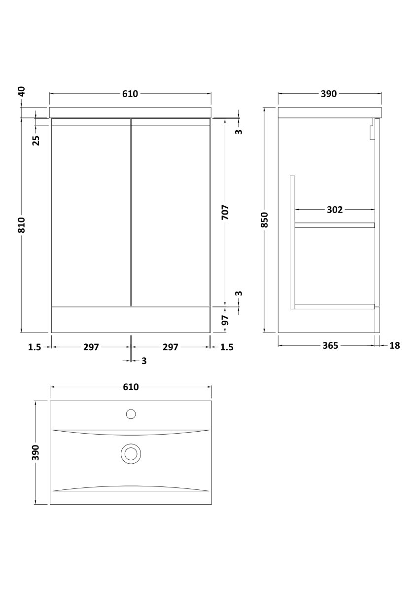 Hudson Reed Urban Floor Standing 2 Soft Close Door Vanity Unit with Mid-Edge Basin, Modern Vanity Unit in Satin Grey, 600mm