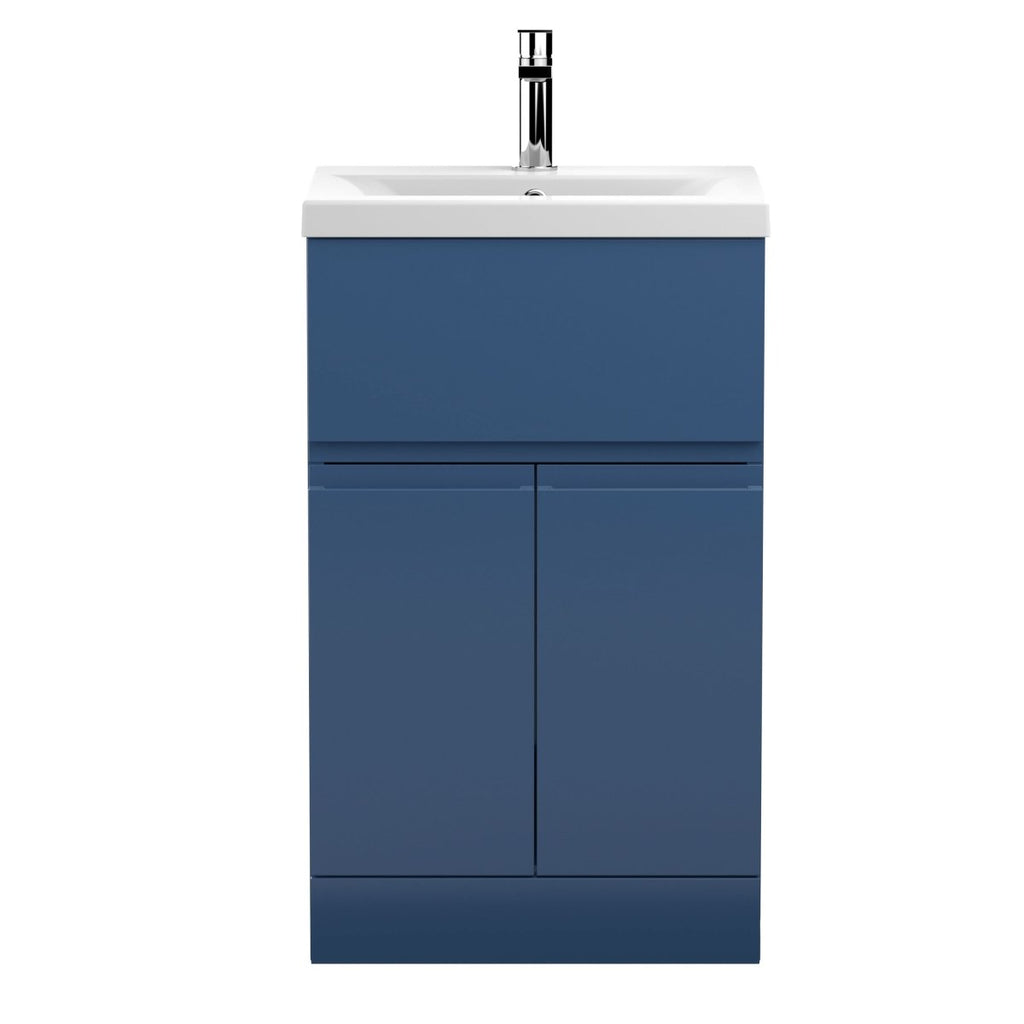 Hudson Reed Urban Floor Standing 2 Door 1 Drawer Vanity Unit with Mid-Edge Basin, Durable Modern Vanity Unit in Satin Blue, 500mm