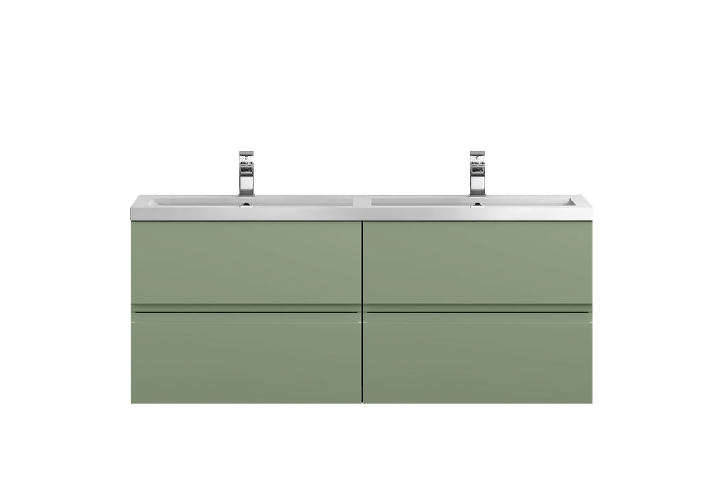 Hudson Reed Urban Wall Hung 4 Drawer Vanity Unit with Double Polymarble Basin, Modern Bathroom Furniture in Satin Green, 1200mm