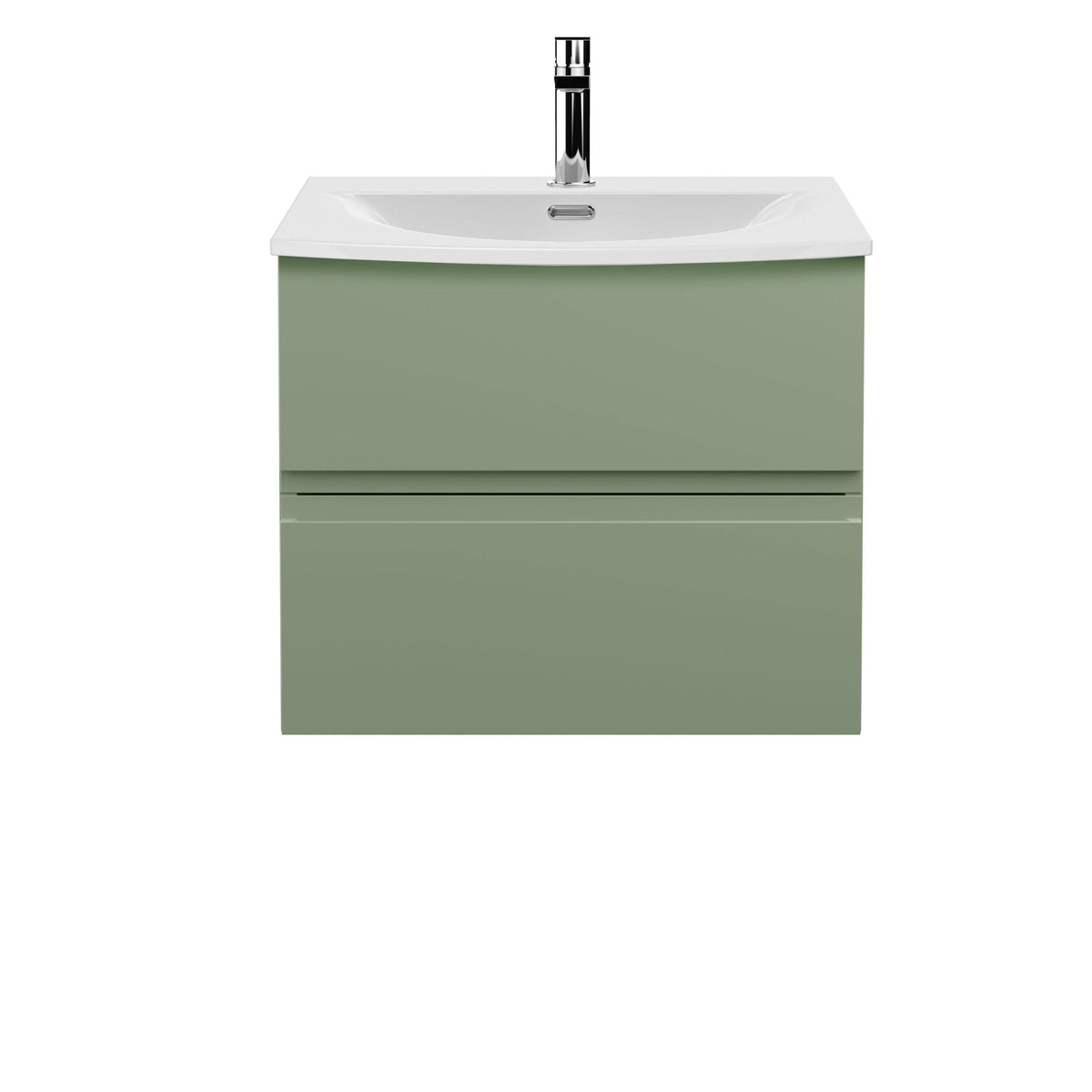 Hudson Reed Urban Wall Hung 2 Drawer Vanity Unit with Curved Ceramic Basin, Modern Bathroom Furniture in Satin Green, 600mm