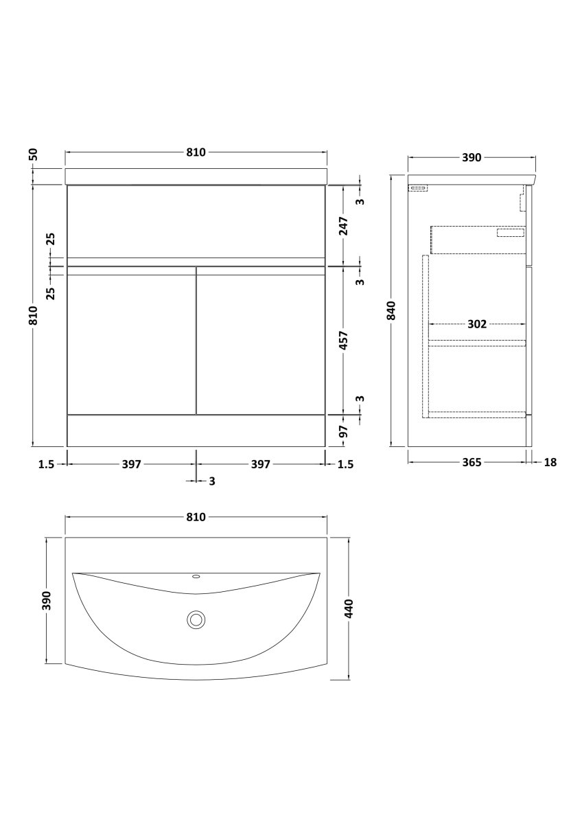 Hudson Reed Urban Floor Standing 2 Door 1 Drawer Vanity Unit with Curved Basin, Durable Modern Vanity Unit in Satin Green, 800mm