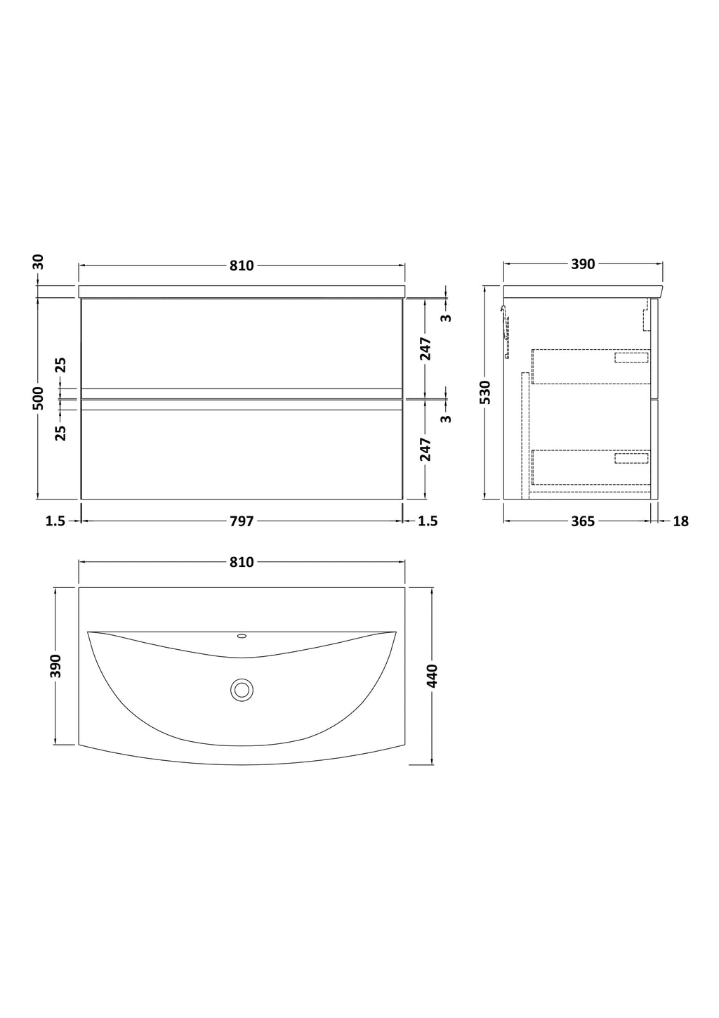 Hudson Reed Urban Wall Hung 2 Drawer Vanity Unit with Curved Ceramic Basin, Modern Bathroom Furniture in Satin Green, 800mm