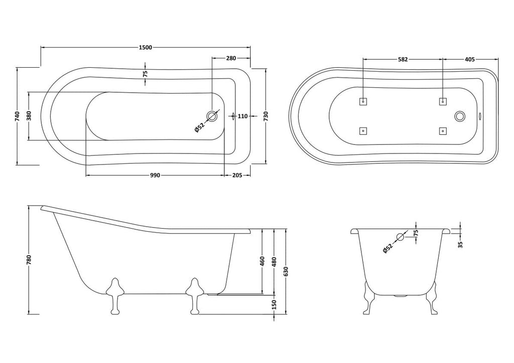 Old London Brockley Freestanding Bath Tub with Corbel Leg Set, Durable Double Ended Traditional Bathroom Style in White, 1500mm