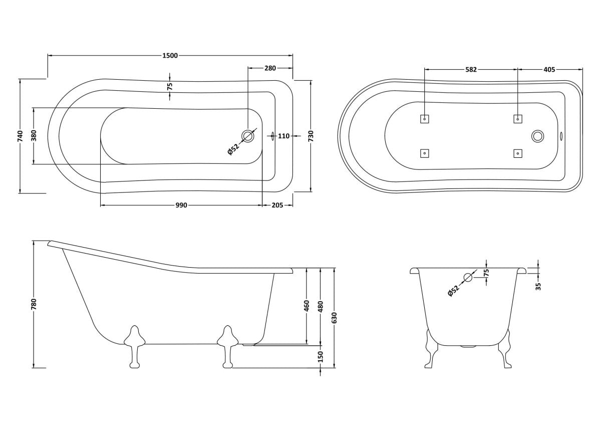Old London Brockley Freestanding Bath Tub with Corbel Leg Set, Durable Double Ended Traditional Bathroom Style in White, 1500mm