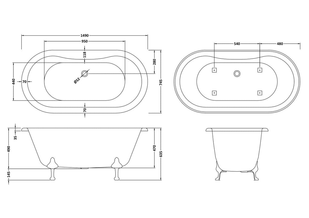 Old London Kingsbury Freestanding Bath Tub with Corbel Leg Set, Durable Double Ended Traditional Bathroom Style in White, 1500mm