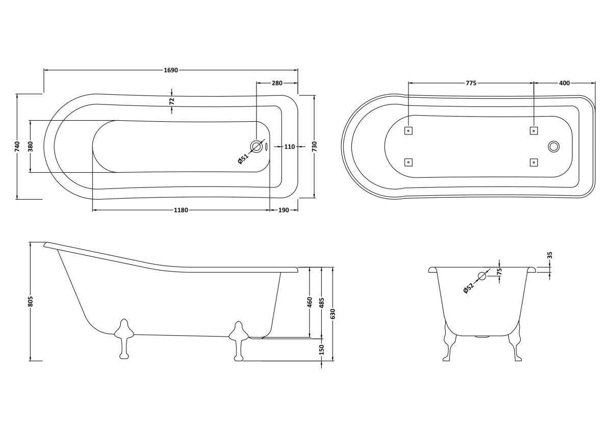 Old London Brockley Freestanding Bath Tub with Pride Leg Set, Durable Single Ended Traditional Bathroom Style in White, 1700mm