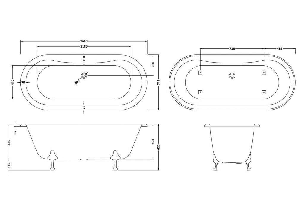 Old London Kingsbury Freestanding Bath Tub with Corbel Leg Set, Durable Double Ended Traditional Bathroom Style in White, 1700mm