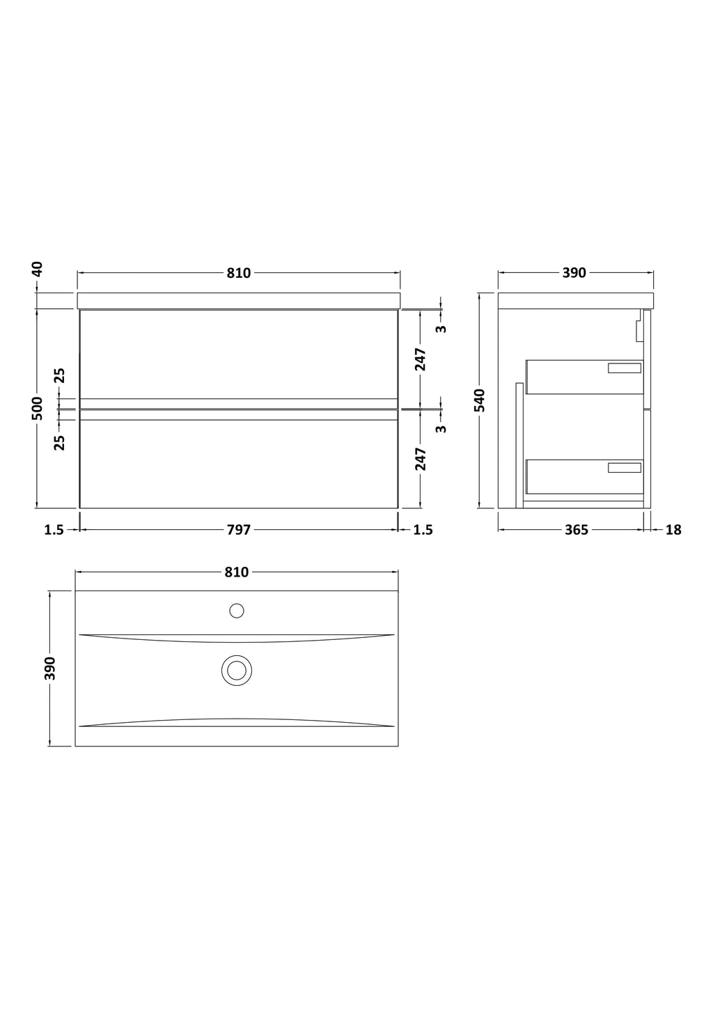 Hudson Reed Urban Wall Hung 2 Drawer Vanity Unit with Mid-Edge Ceramic Basin, Modern Bathroom Furniture in Satin Grey, 800mm