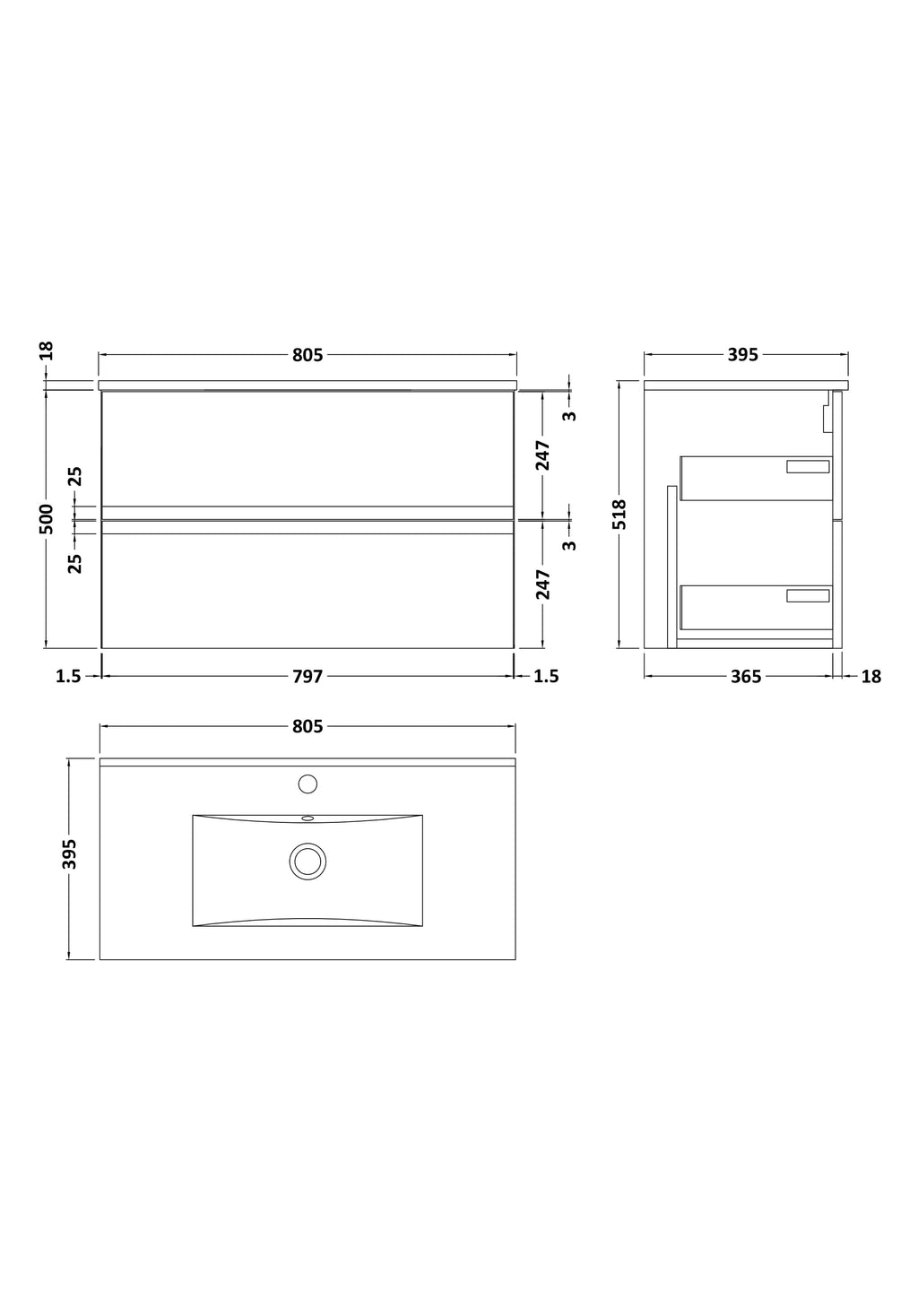 Hudson Reed Urban Wall Hung 2 Drawer Vanity Unit with Minimalist Ceramic Basin, Modern Bathroom Furniture in Satin Blue, 800mm