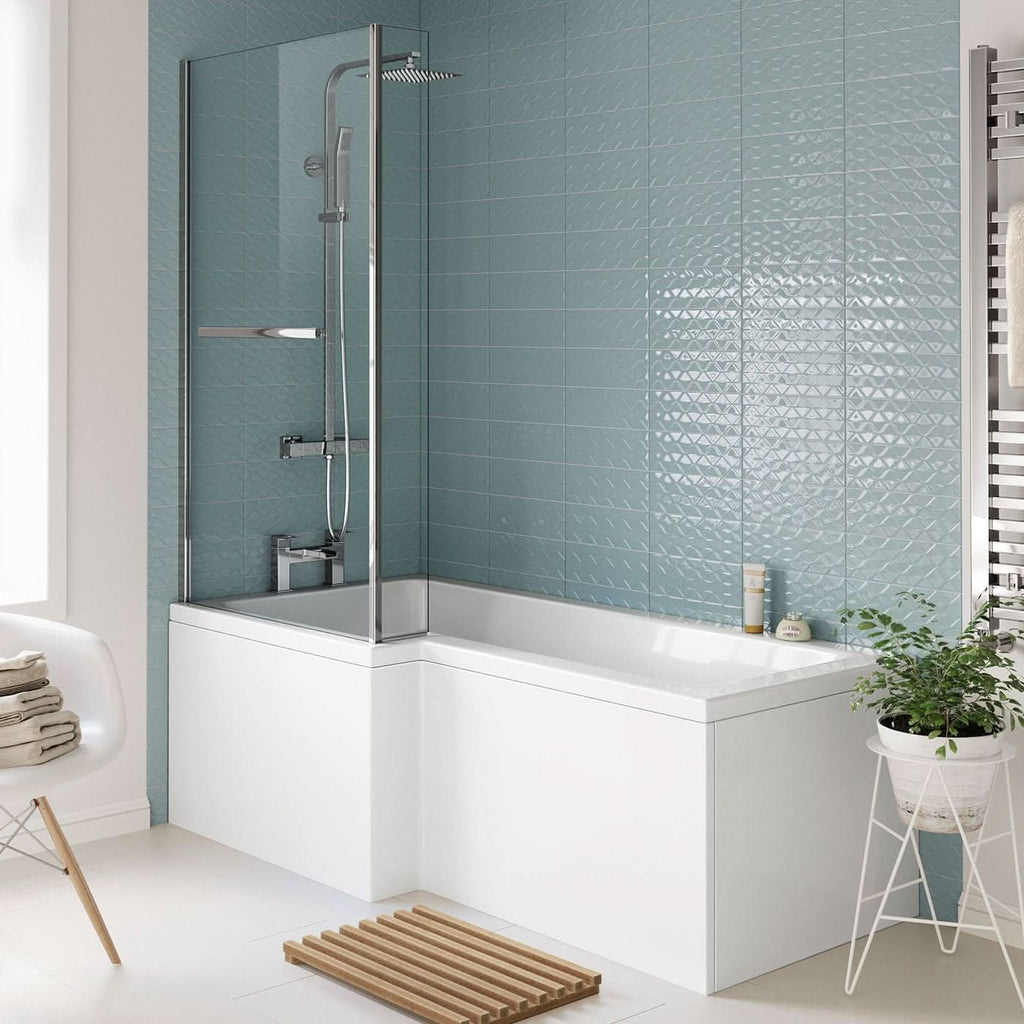 iBathUK Axis Left Hand L-Shaped Bath with Screen, Rail & Front Panel, Modern Shower Bath, Durable L Shaped Bath Screen, 1500 x 850mm