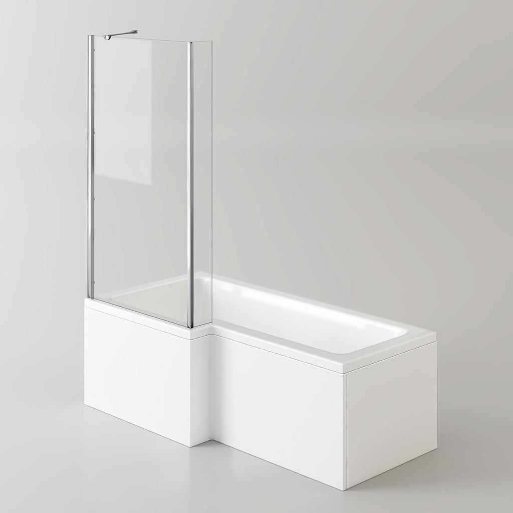 iBathUK Axis Left Hand L-Shaped Shower Bath, Includes Glass Screen & Front Panel, Modern Space-Saving Bath Design, Durable L Shaped Bath Screen, 1700mm