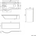 iBathUK Strux Left Hand P-Shaped Shower Bath with Glass Screen & Front Panel, Modern P Shaped Bath with Screen, 1700 x 850mm