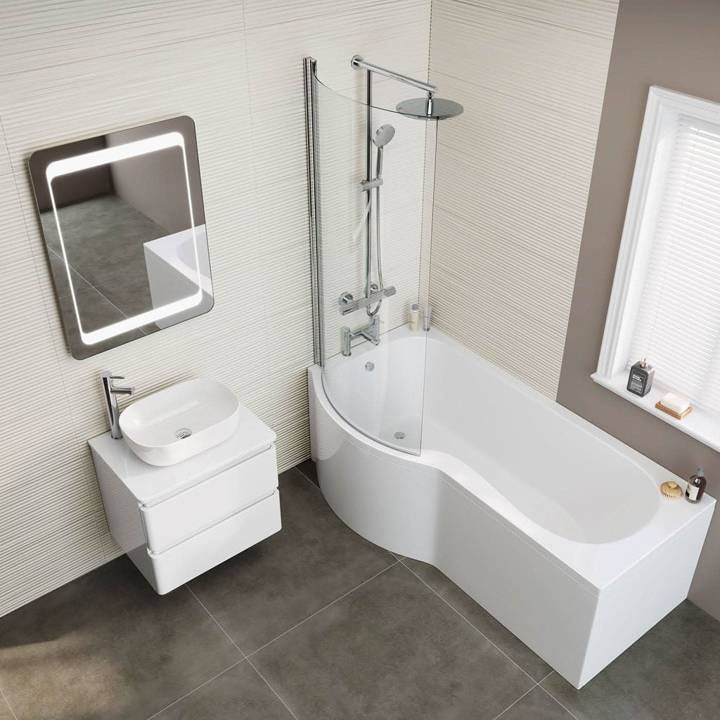 iBathUK Strux Left Hand P-Shaped Shower Bath with Glass Screen & Front Panel, Modern P Shaped Bath with Screen, 1700 x 850mm