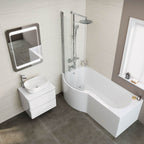 iBathUK Strux Left Hand P-Shaped Shower Bath with Glass Screen & Front Panel, Modern P Shaped Bath with Screen, 1700 x 850mm