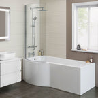 iBathUK Strux Left Hand P-Shaped Shower Bath with Glass Screen & Front Panel, Modern P Shaped Bath with Screen, 1700 x 850mm