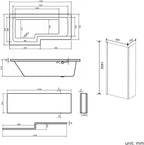 iBathUK Strux Left Hand L-Shaped Shower Bath, Modern Acrylic Bath with Toughened Glass Screen Included, Modern P Shaped Bath with Screen, 1700 x 850mm
