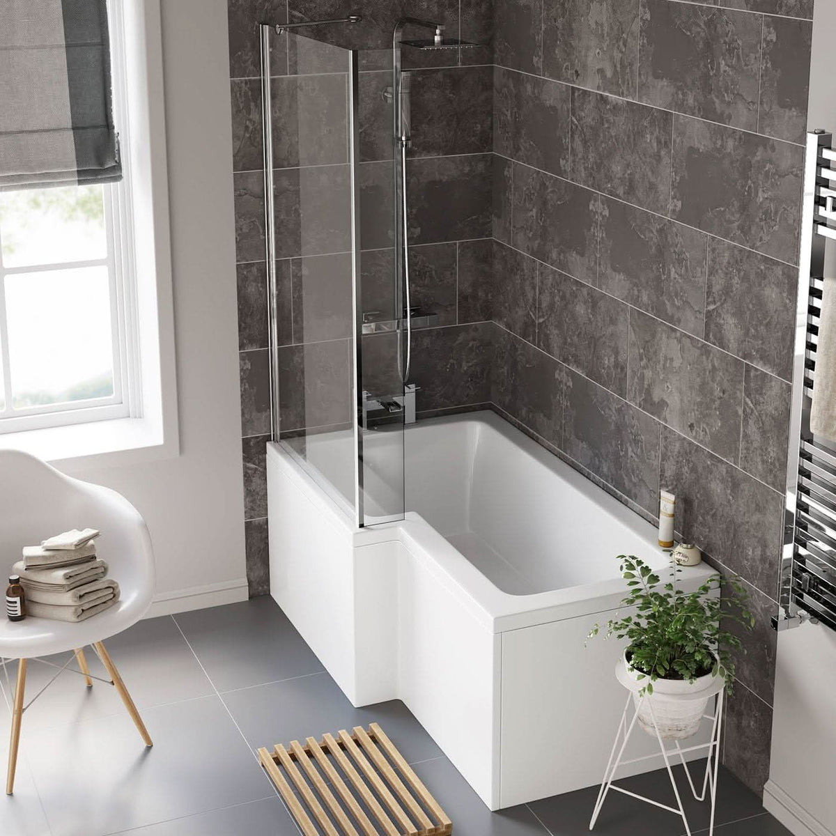 iBathUK Strux Left Hand L-Shaped Shower Bath, Modern Acrylic Bath with Toughened Glass Screen Included, Modern P Shaped Bath with Screen, 1700 x 850mm