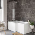 iBathUK Strux Left Hand L-Shaped Shower Bath, Modern Acrylic Bath with Toughened Glass Screen Included, Modern P Shaped Bath with Screen, 1700 x 850mm