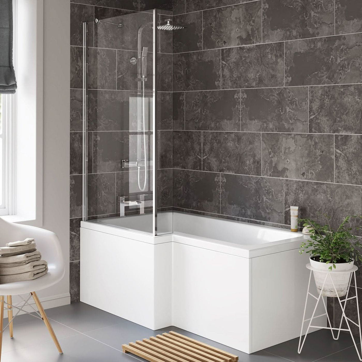 iBathUK Strux Left Hand L-Shaped Shower Bath, Modern Acrylic Bath with Toughened Glass Screen Included, Modern P Shaped Bath with Screen, 1700 x 850mm