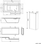 iBathUK Velza Right Hand L-Shaped Shower Bath, Straight Acrylic Bathtub with Toughened Glass Shower Screen, L Shaped Bath Screen, 1500mm