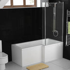 iBathUK Velza Right Hand L-Shaped Shower Bath, Modern Acrylic Bathtub with Glass Shower Screen & Matching Front Panel, L Shaped Bath Screen, 1500mm
