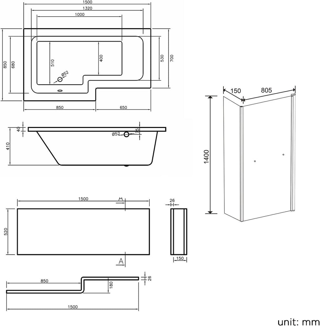 iBathUK Veil Left Hand L-Shaped Shower Bath, Modern Acrylic Bathtub with Glass Shower Screen & Matching Front Panel, L Shaped Bath Screen, 1500mm