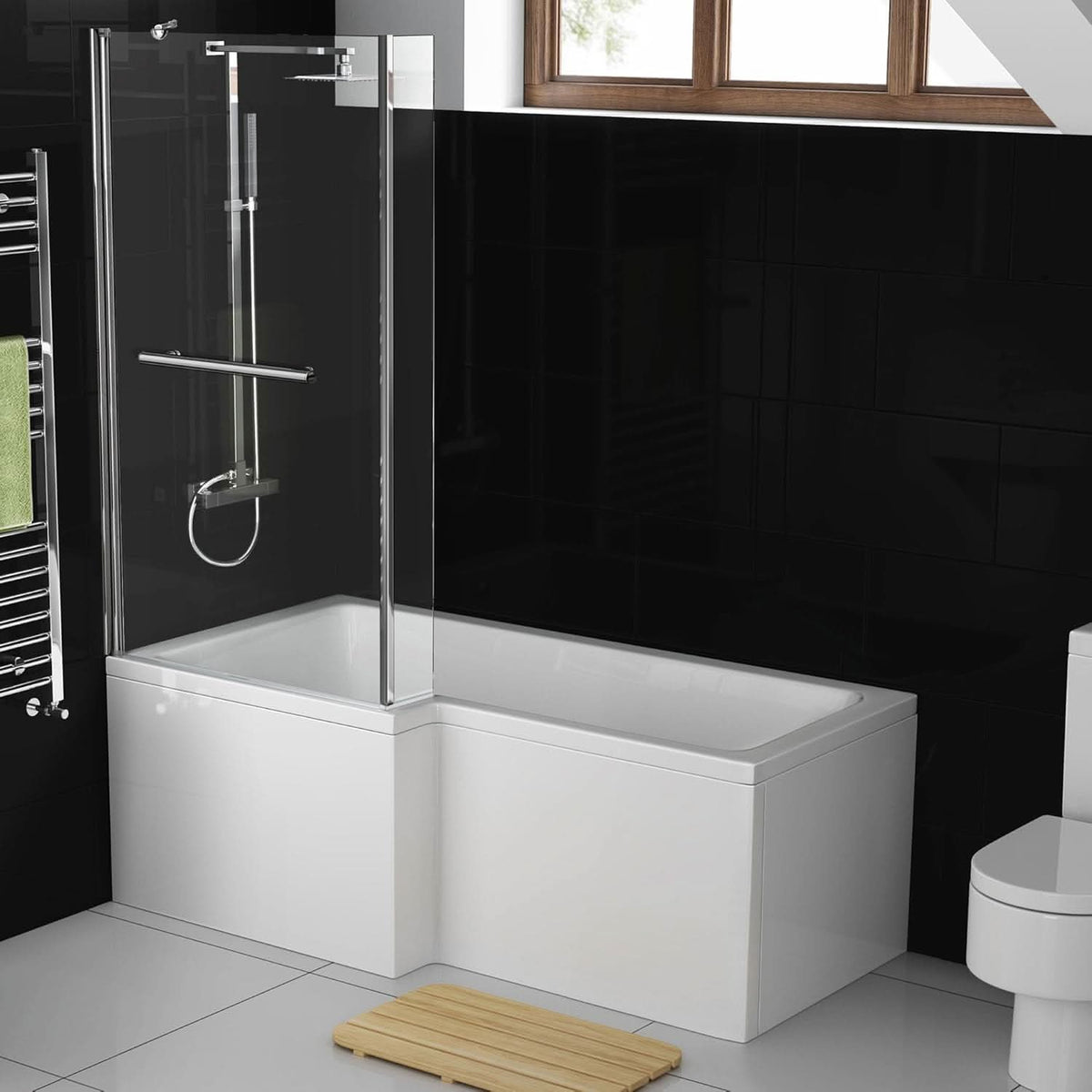 iBathUK Veil Left Hand L-Shaped Shower Bath, Modern Acrylic Bathtub with Glass Shower Screen & Matching Front Panel, L Shaped Bath Screen, 1500mm