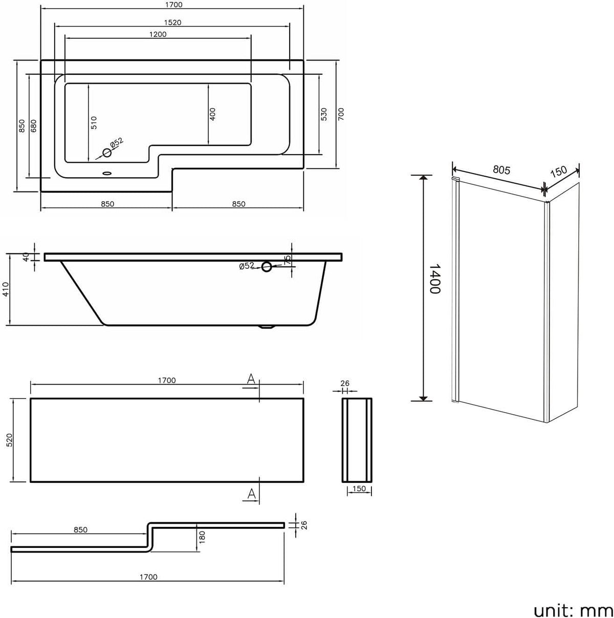 iBathUK Veil Left Hand L-Shaped Shower Bath, Modern Acrylic Bathtub with Glass Shower Screen & Matching Front Panel, L Shaped Bath Screen, 1700mm