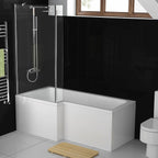 iBathUK Veil Left Hand L-Shaped Shower Bath, Modern Acrylic Bathtub with Glass Shower Screen & Matching Front Panel, L Shaped Bath Screen, 1700mm