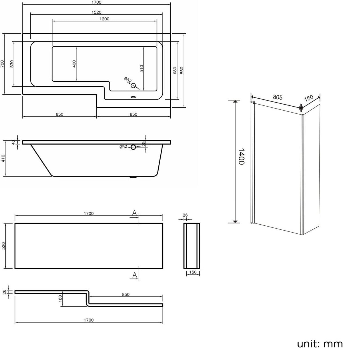 iBathUK Veil Right Hand L-Shaped Shower Bath, Modern Acrylic Bathtub with Glass Shower Screen & Matching Front Panel, L Shaped Bath Screen, 1700mm