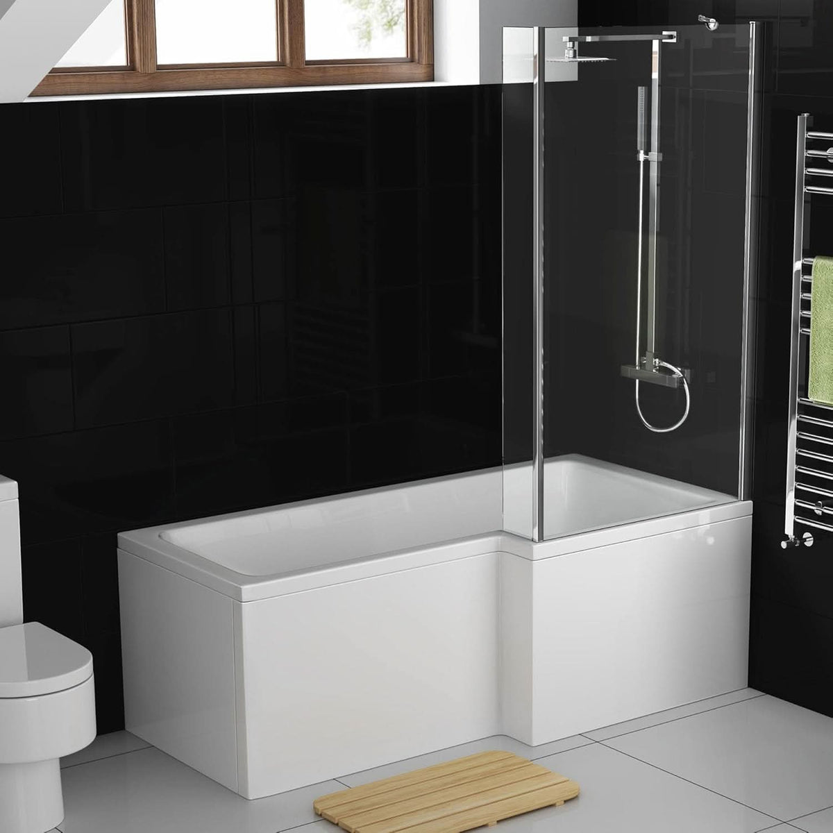 iBathUK Veil Right Hand L-Shaped Shower Bath, Modern Acrylic Bathtub with Glass Shower Screen & Matching Front Panel, L Shaped Bath Screen, 1700mm