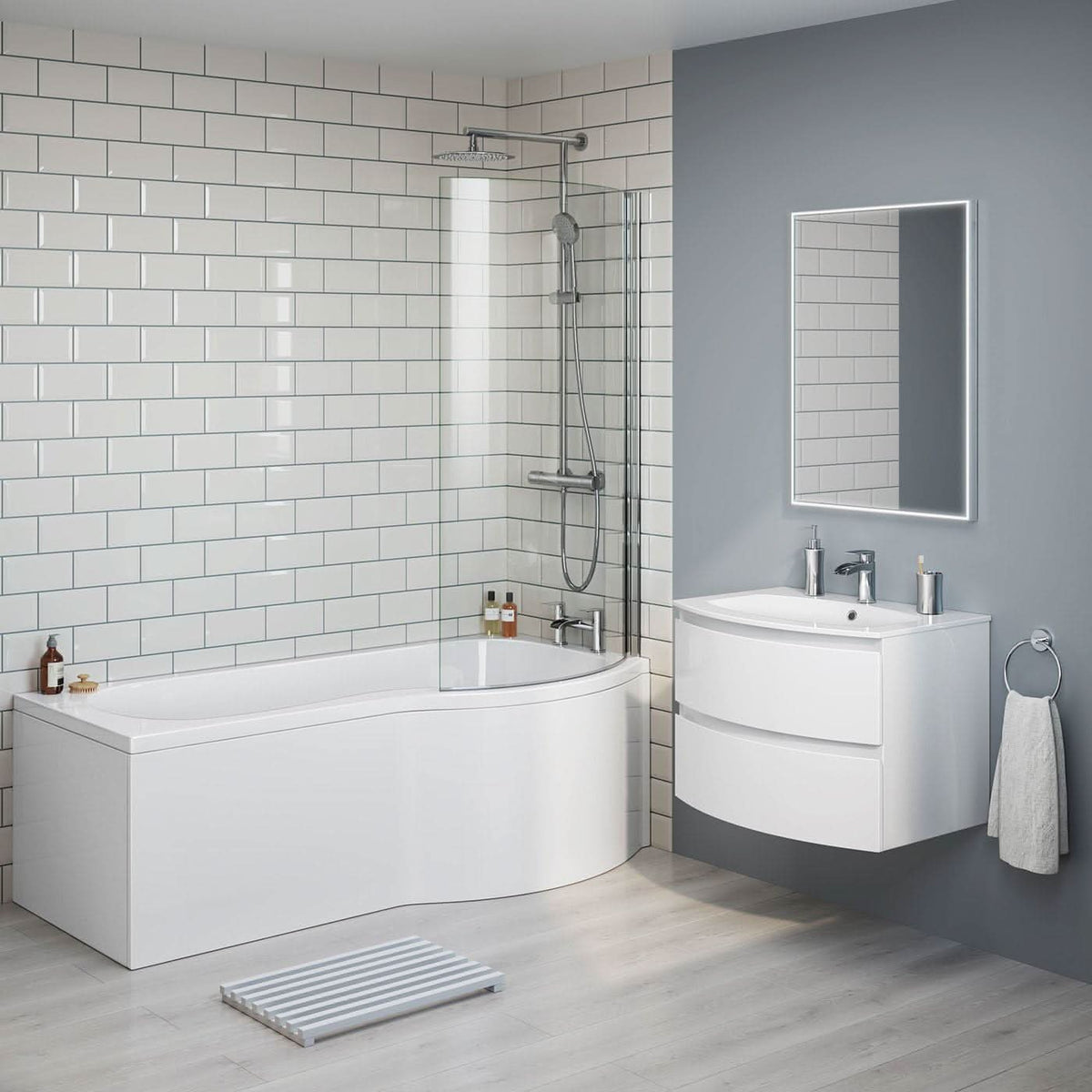 iBathUK Soffra Right Hand P-Shaped Shower Bath, Luxury Acrylic Straight Bathtub with Glass Screen & Matching Front Panel, P Shaped Bath with Screen, 1700mm