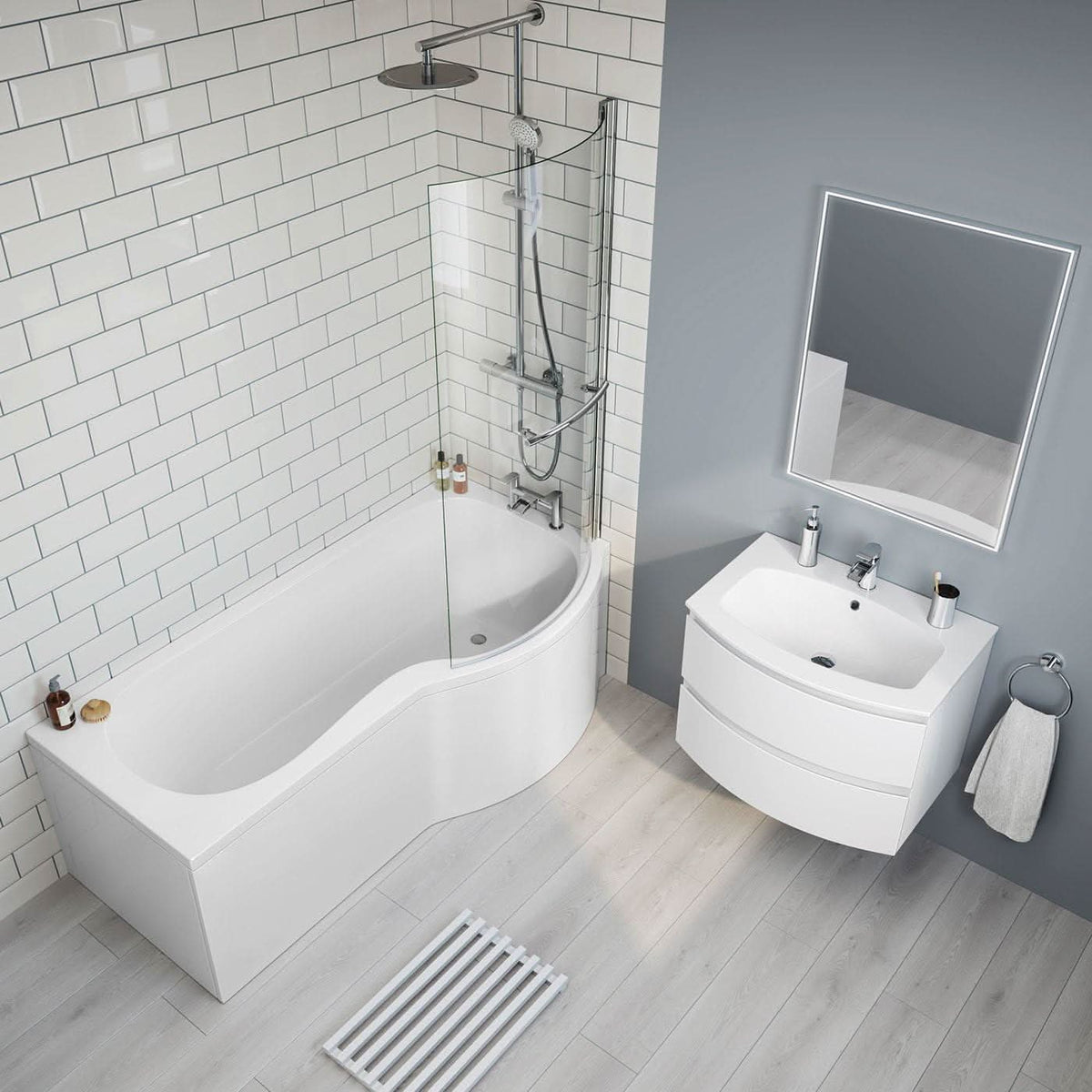 iBathUK Soffra Right Hand P-Shaped Shower Bath, Luxury Acrylic Bathtub with Glass Screen & Panel, P Shaped Bath with Screen, 1700mm
