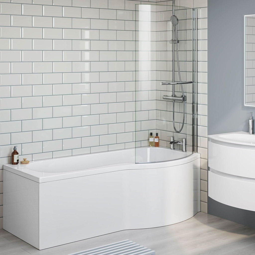 iBathUK Soffra Right Hand P-Shaped Shower Bath, Luxury Acrylic Bathtub with Glass Screen & Panel, P Shaped Bath with Screen, 1700mm