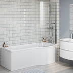 iBathUK Soffra Right Hand P-Shaped Shower Bath, Luxury Acrylic Bathtub with Glass Screen & Panel, P Shaped Bath with Screen, 1700mm