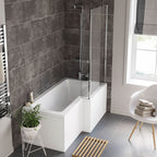 iBathUK Span Right Hand L-Shaped Shower Bath, Modern Straight Bathtub with Glass Screen & Matching Front Panel, L Shaped Bath Screen, 1600mm