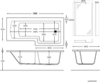 iBathUK Zenvy Right Hand L-Shaped Shower Bath, Modern Straight Acrylic Bathtub with Glass Shower Screen Set, L Shaped Bath Screen, 1500mm