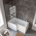 iBathUK Zenvy Left Hand L-Shaped Bath, 6mm Glass Shower Screen, Rail & Front Panel Included, L Shaped Bath Screen, 1500x850mm